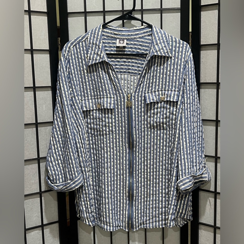 ANNE KLEIN METALLIC Striped Zip-Front Shirt Jacket - Blue & White SIZE 3X